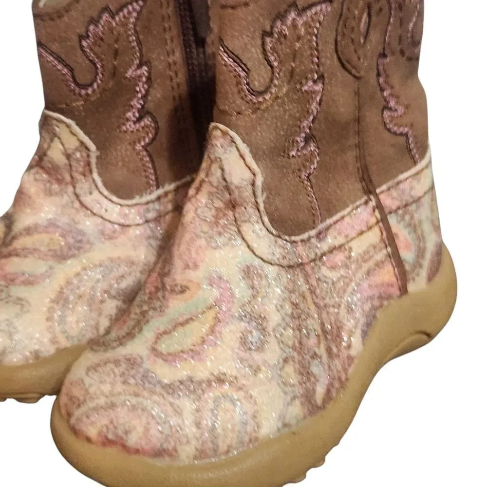 Roper Newborn Size 2 Soft Cowboy Boots Brown Yellow Paisley Side Zip Shoes